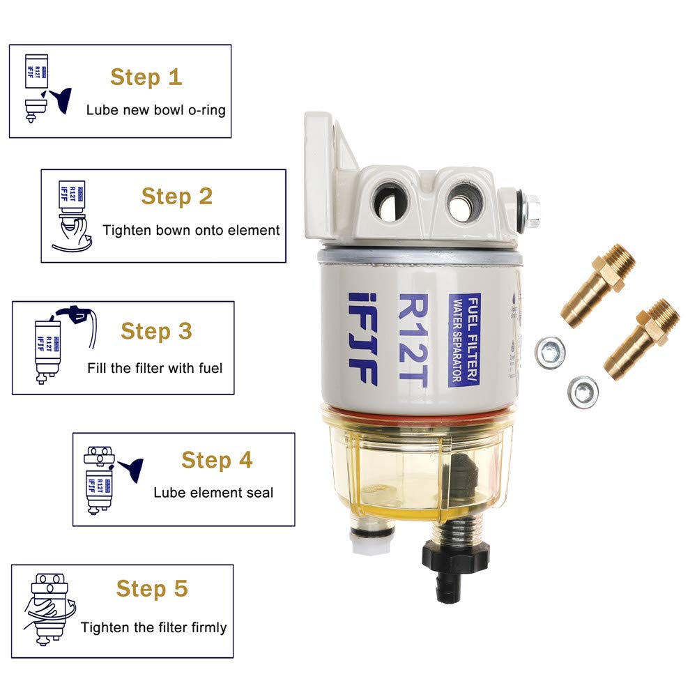 iFJF R12T Fuel Filter/Water Separator 120AT NPT ZG1/4-19 Automotive Parts Complete Combo Filter fit Diesel Engine(Include Four Fittings)