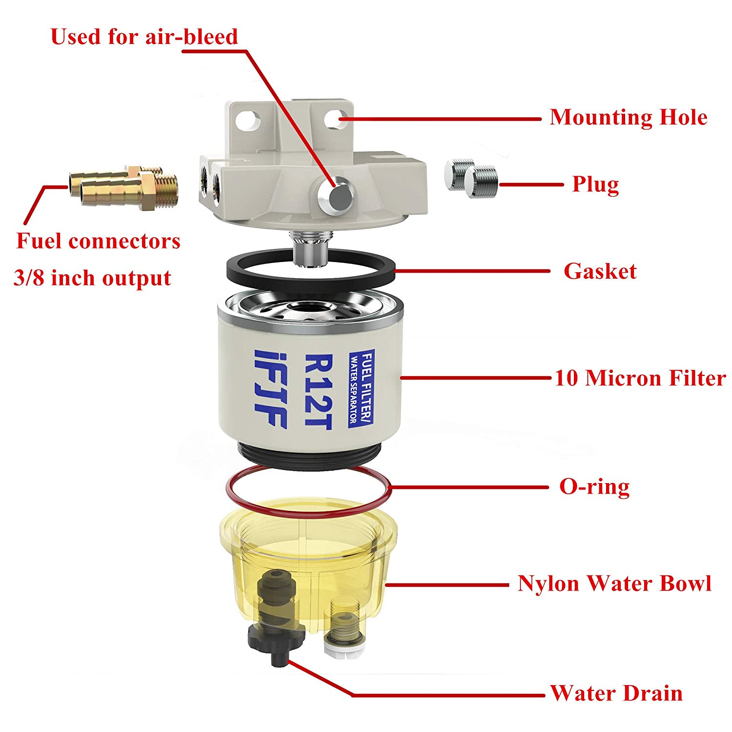 iFJF R12T Fuel Filter/Water Separator 120AT NPT ZG1/4-19 Automotive Parts Complete Combo Filter fit Diesel Engine(Include Four Fittings)